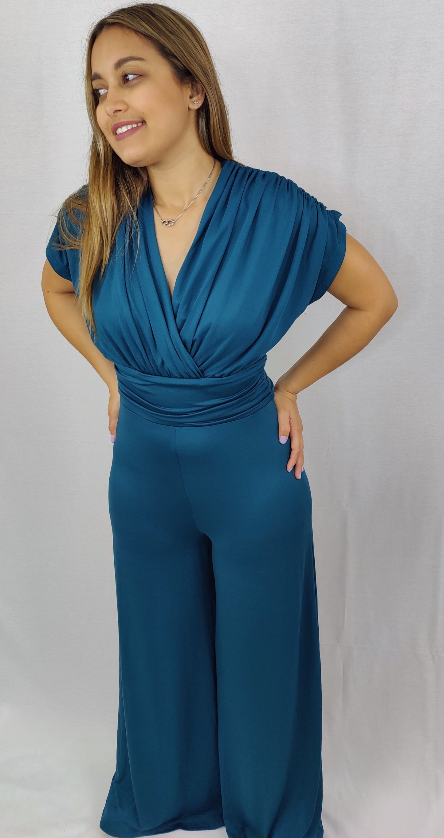 Teal Venesia Shirring Jumpsuit