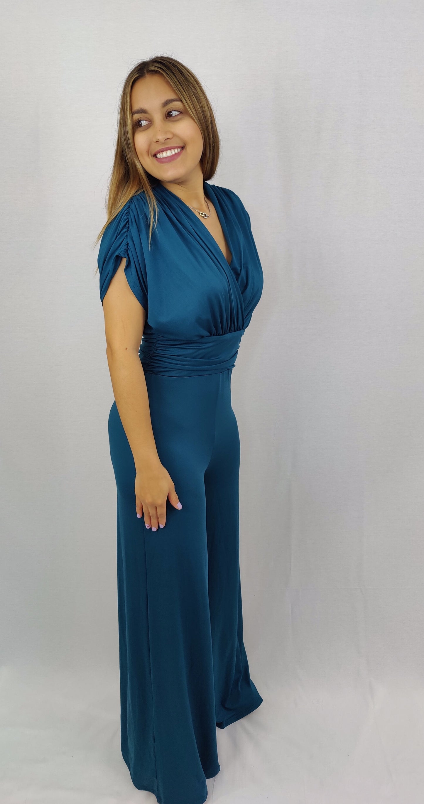 Teal Venesia Shirring Jumpsuit